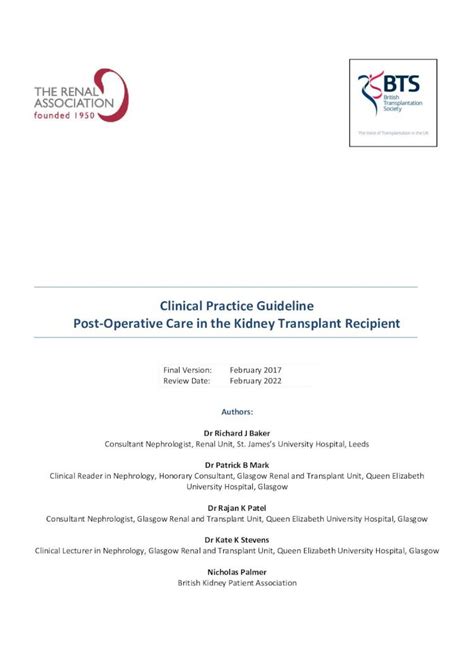 Pdf Clinical Practice Guideline Post Operative Care In The Kidney Clinical Practice