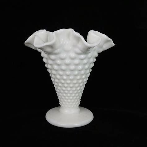 Fenton Vintage White Milk Glass Footed Vase Hobnail Ruffle 5 5 Tall 5
