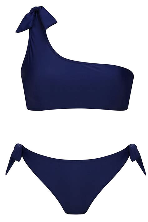 Solid One Shoulder Bikini Set Padded Tie Side Brazilian Swimsuit For Women Blue C5188063xqt