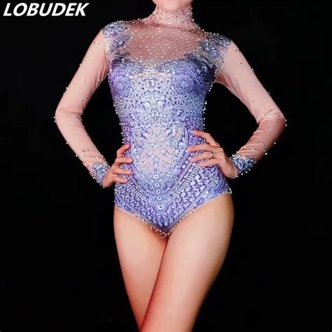 Purple Crystals Bodysuits Rhinestones Jumpsuit Female Costume Singer Dance Outfit Bar Nightclub