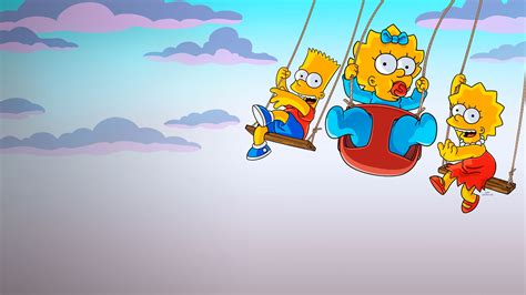 The Simpsons Characters Are Riding On Swings In The Sky With Clouds Behind Them And One Person