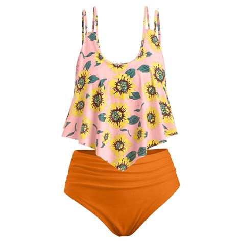 Qucoqpe High Waisted Tankini Bathing Suits For Women Sexy Sunflower Ruffle Twist Two Piece