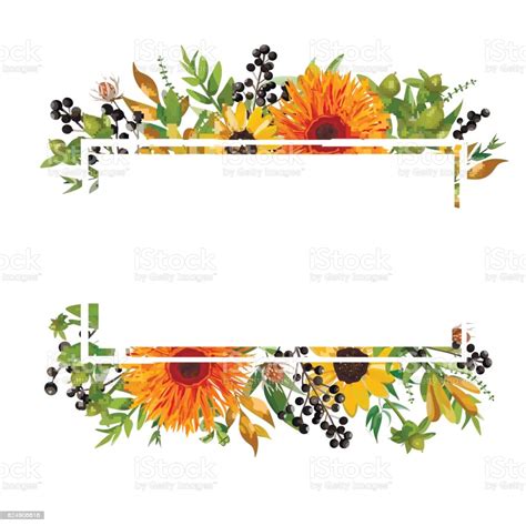 Green plant flower border design element. Vector Floral Design Horizontal Card Design Gerbera Orange ...