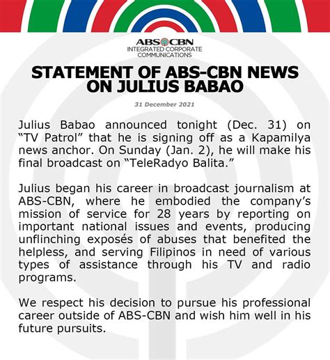 Abs Cbn News Releases Statement On Julius Babao Starmometer
