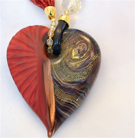 Red And Gold Murano Intaglio Glass Heart Necklace Murano Glass