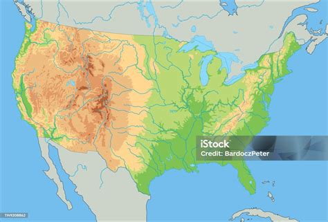 High Detailed United States Of America Physical Map Stock Illustration