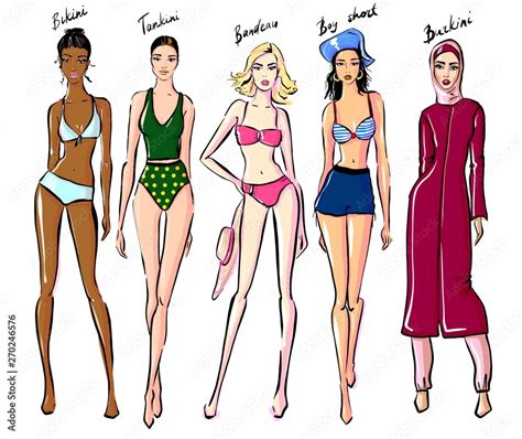 Set Of Female Swimsuit Illustration Various Types Of Women Beach Clothes Fashion Sketch Stock