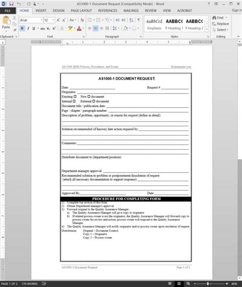As9100 Document Request Template Word