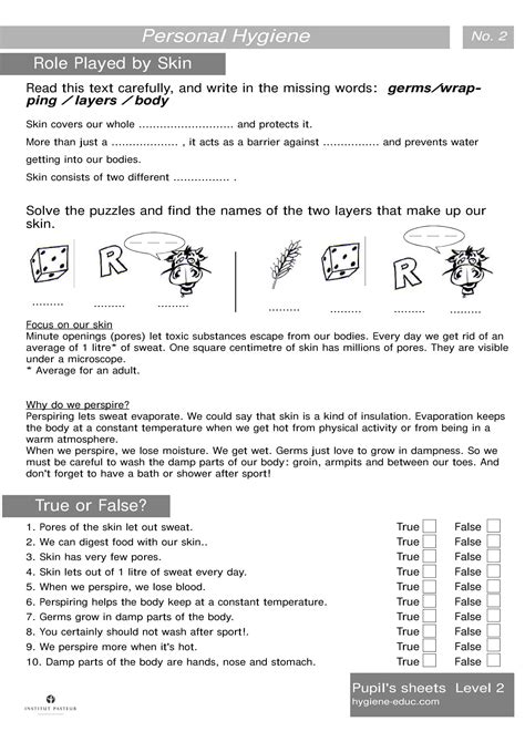 Personal Hygiene Worksheets Level 2 Role Played by Skin | Personal hygiene worksheets, Personal ...