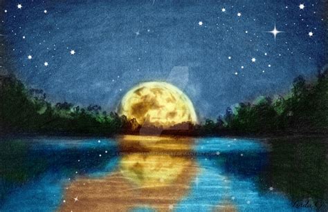 Full Moon By The Lake Night Sky Drawing Nature Art Drawings Drawing
