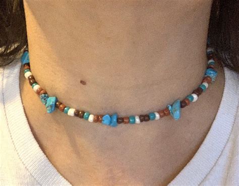 Seed Bead Choker Necklace Turquoise Gemstone Chips Wrap Memory Etsy