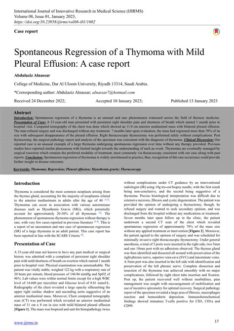 Pdf Spontaneous Regression Of A Thymoma With Mild Pleural Effusion A