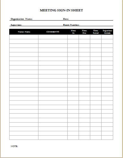 Sign In Sheets For Visitors Meetings And Patients Word