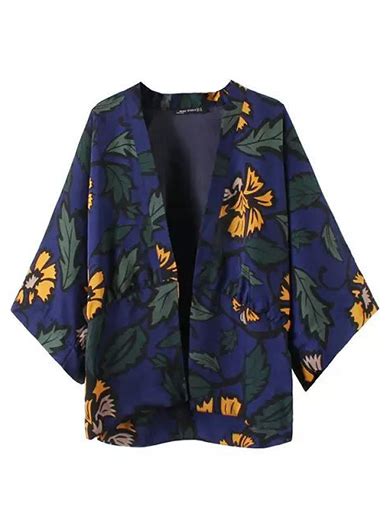 Womens Short Kimono Jacket Blue Coral Floral Print
