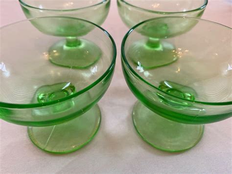 Hazel Atlas Green Depression Glass Sherbert Dish Uranium Set Of