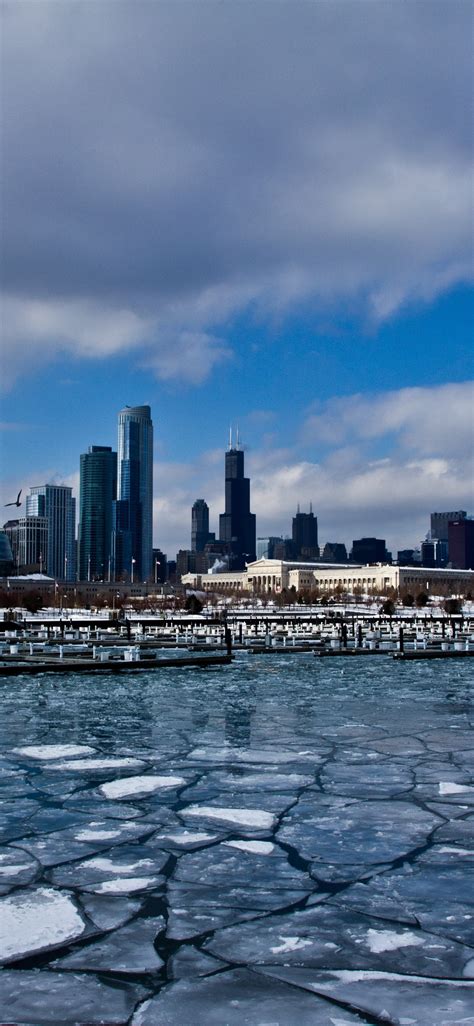 Wallpaper Chicago City Skyscrapers Snow Ice Winter River