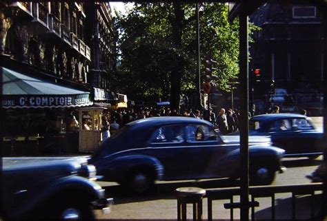 Vtg Kodachrome Color Photo 35mm Slide 1950s France Cafe Street Classic Cars