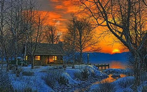 Pretty Cabin Art Winter Painting Cabin Sunset