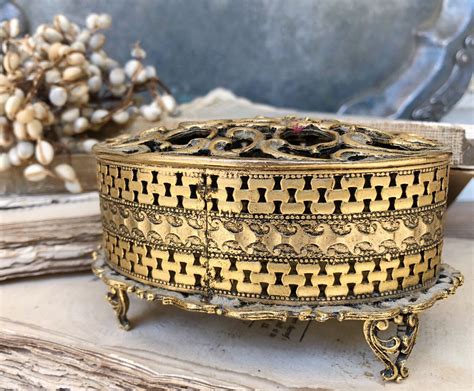 antique vintage lipstick holder box gold filigree brass vanity footed victorian