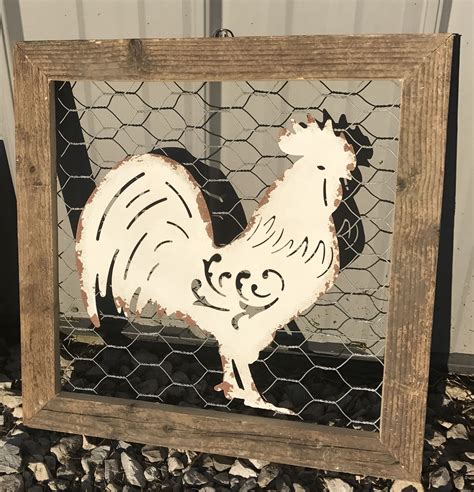 Reclaimed Barn Wood Frame With Chicken Wire Backing And Metal Chicken