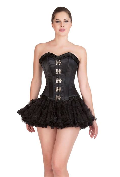 Black Satin Lace Gothic Bustier Overbust Costume Tutu Skirt Corset