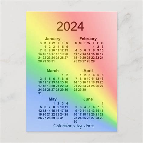 2024 Rainbow 6 Month Mini Calendar By Janz Postcard Zazzle