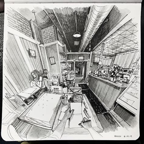 An Ink Drawing Of A Kitchen With Lots Of Counter Space