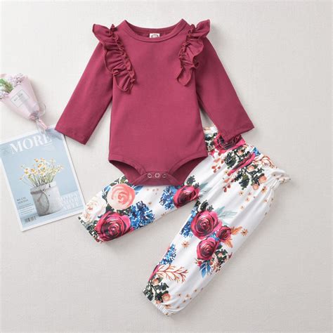 Baby Ruffled Bodysuit And Floral Pants Set Little Girl Outfits Cute