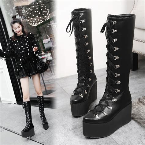 ladies knee high boots wedge heel platform boots woman punk gothic shoes pointed toe lace up