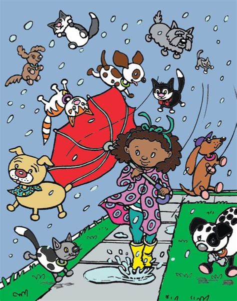 Childrens Art Print Cats Dogs Rain Graphic Bright Digital Dog Cat