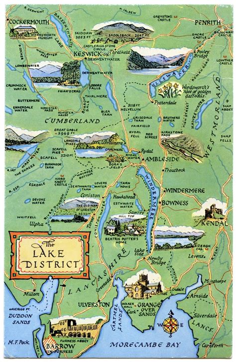 At 885 square miles, the lake district is home to. Postcard map of the Lake District | Drawn by M F Peck. J ...