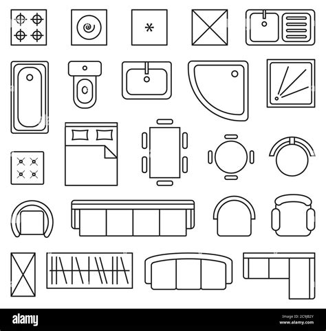 Vector Set Of Outline Isolated Interior Design Floor Plan Objects Icons