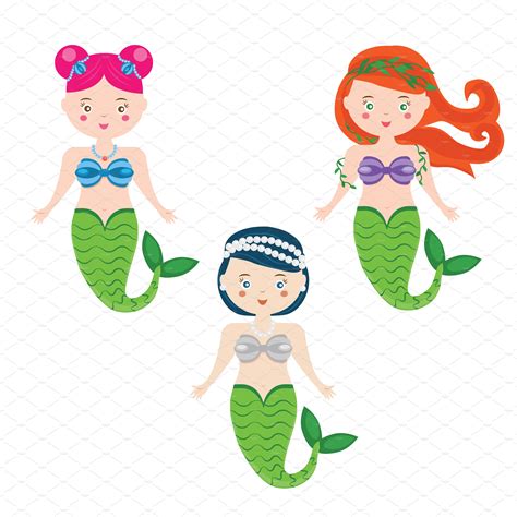 Three Cartoon Mermaids Vector Graphics Creative Market