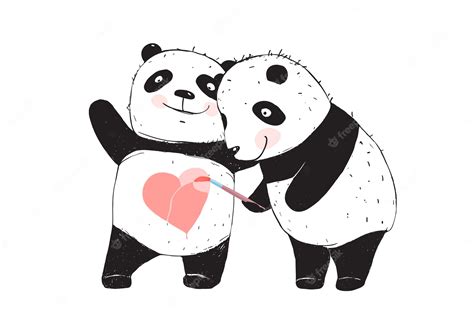Panda Bear Tekening Liefde Hart Premium Vector