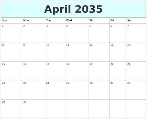April 2035 Free Calendar