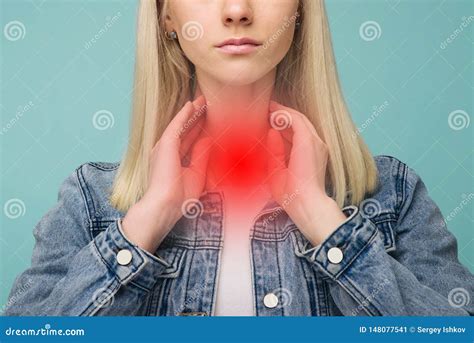 A Young Girl Has A Sore Throat Thyroid Problems Stock Image Image Of