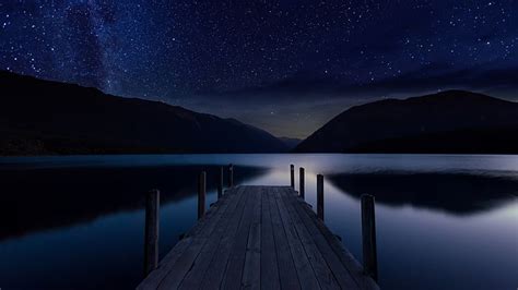 Pier Sky Reflection Water Night Sky Night Lake Dark Darkness