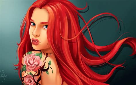 1366x768px 720p Free Download Redhead With Tattoo Rose Pink Fantasy Art Tattoo Redhead