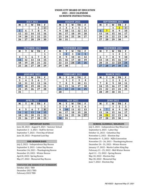 2021 2022 School Calendar Calendar Union City Public Schools