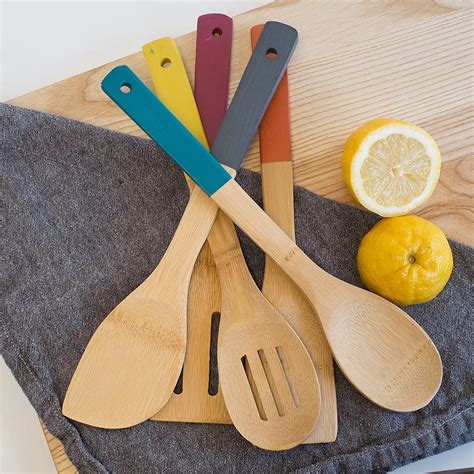 Restaurant Kitchen Wooden Bamboo Cooking Utensils Set With Color Handle