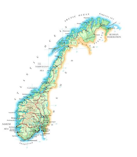 Large Detailed Physical Map Of Norway With Roads Cities