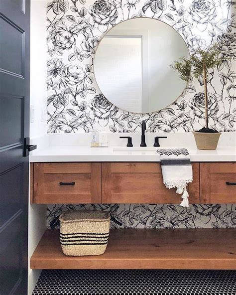 Cute Powder Room Or Small Bathroom With Wallpaper Roy D Mirror And