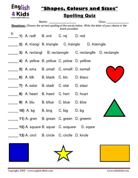 Shapes Colors And Sizes Spelling Quiz Worksheet For 1st 2nd Grade