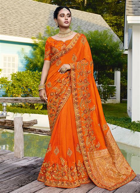 Buy Satin Silk Orange Traditional Saree Online 157796