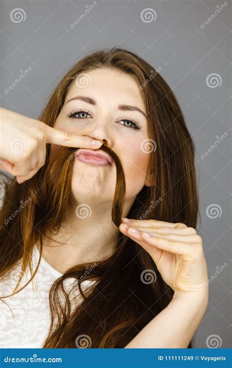 Woman Having Fun With Her Hair Making Moustache Stock Image Image Of Happy Piece 111111249