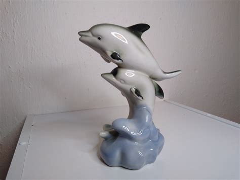 Ceramic Gray And Blue Dolphins Figurine Etsy