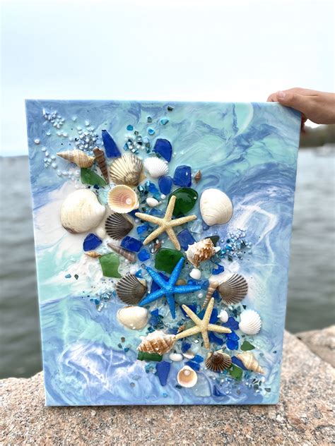 Free Shipping Large 16x20 Resin Canvas Art With Shells And Beach Glass