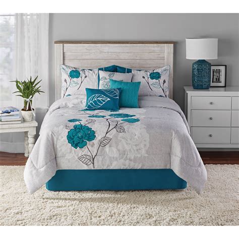 Mainstays Piece Teal Roses Comforter Set With Dec Pillows Bed Skirt