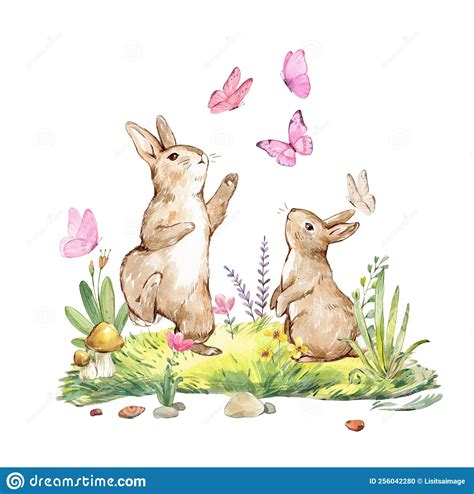 Watercolor Of Two Rabbits Playing And Catching Pink Butterflies