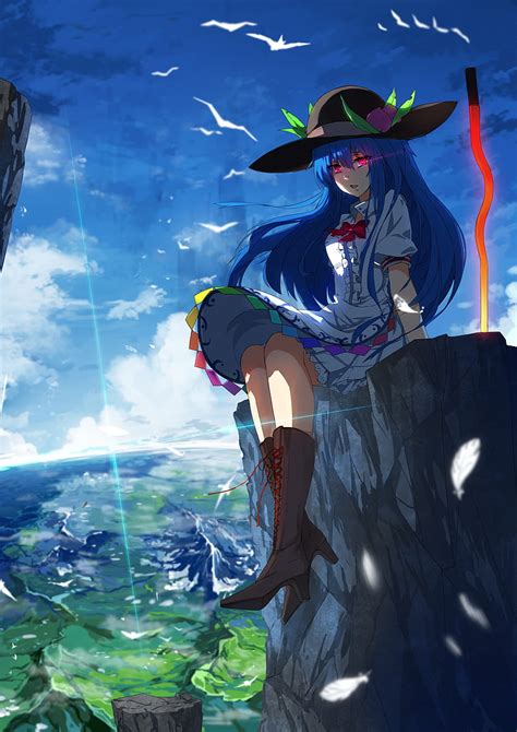 Anime Anime Girls Hat Landscape Long Hair Blue Hair Red Eyes